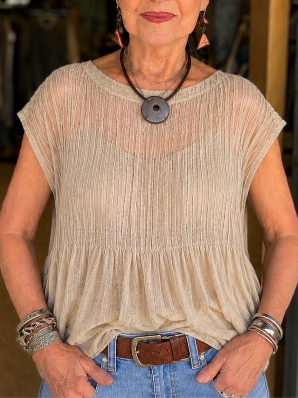 Sleeveless pintucked cotton tunic